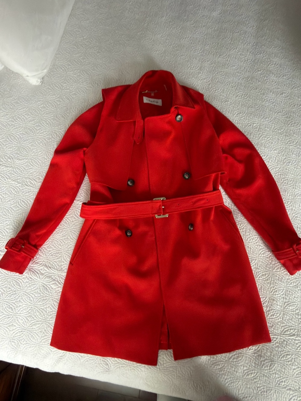 Calvin Klein Red Double-Breasted Belted Trench Coat